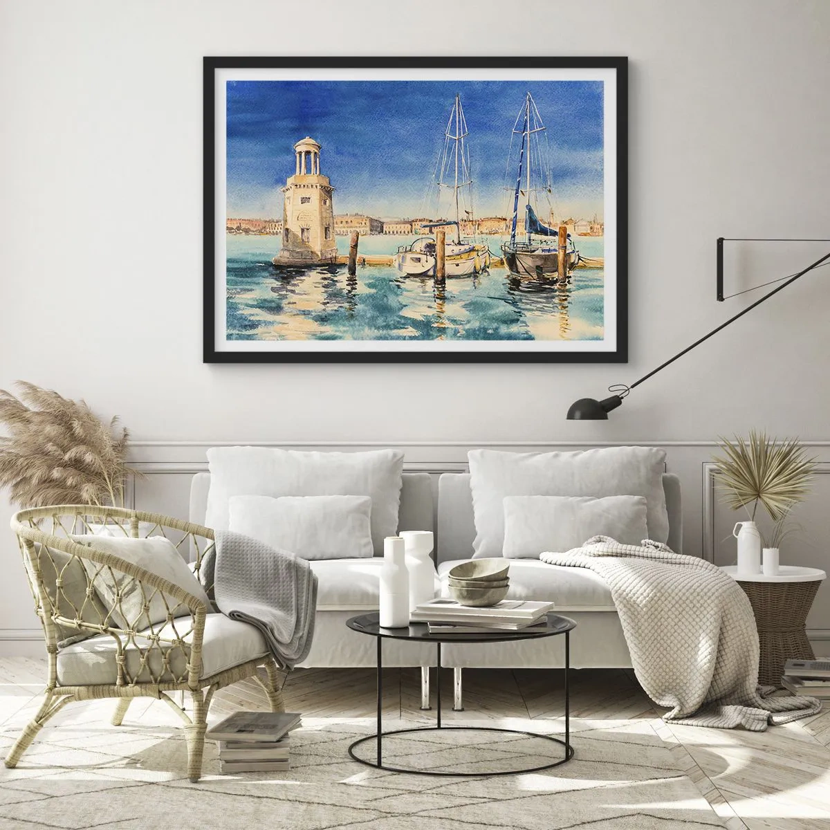Affiche dans un cadre noir - Poster - Marina avec bateaux sur fond de lagon bleu - 70x50cm - Lagune ensoleillée - Décoration murale moderne pour le salon et la chambre ARTTOR