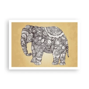 Affiche - Poster - Éléphant dessiné à la main avec un motif orné sur un fond beige - 100x70cm - L'éléphant s'est apprêté - Décoration murale moderne pour le salon et la chambre ARTTOR