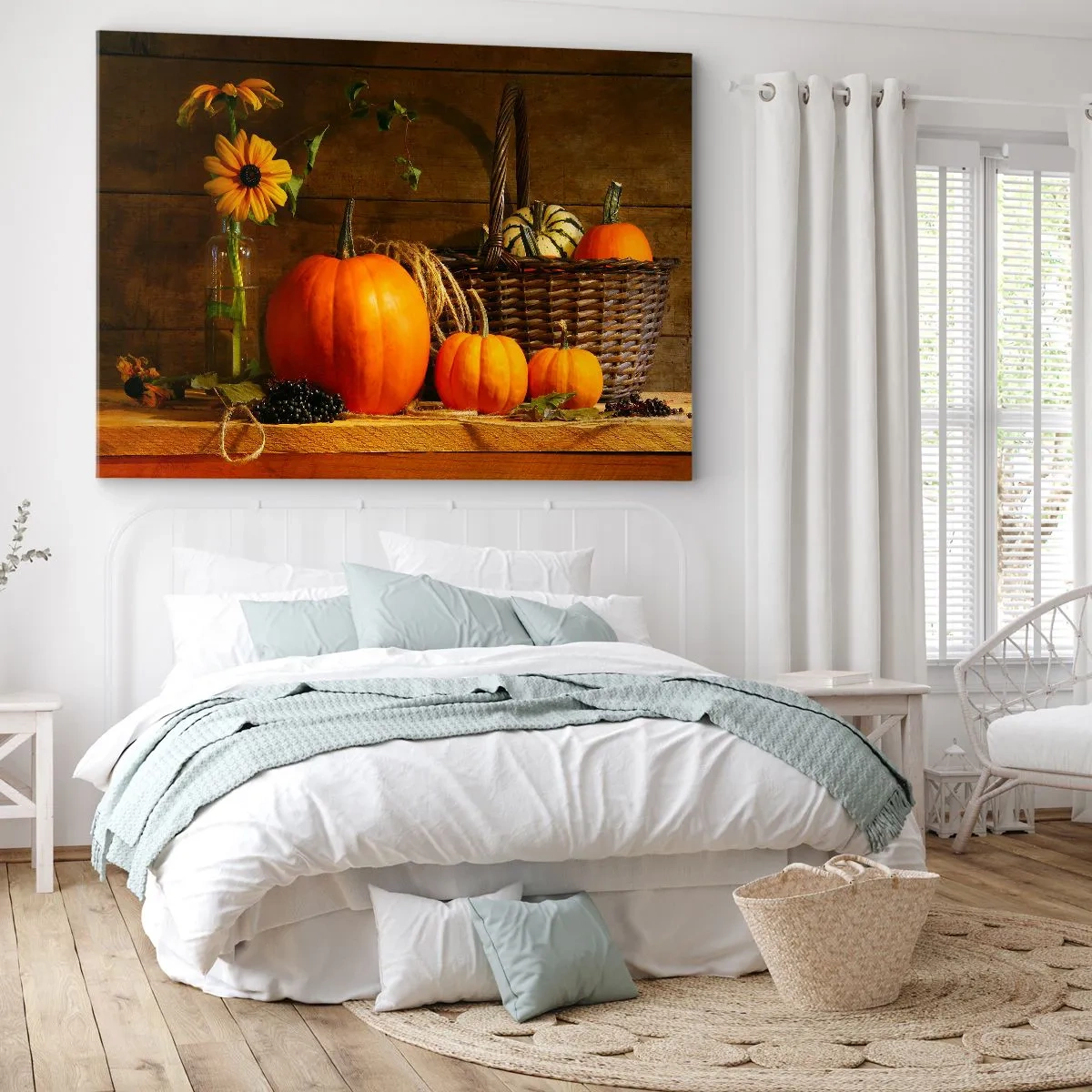 Impression sur toile - Image sur toile - Composition d'automne avec citrouilles et fleurs sur fond de bois - 100x70cm - Une composition rustique - cadeaux d'automne - Décoration murale moderne pour le salon et la chambre ARTTOR
