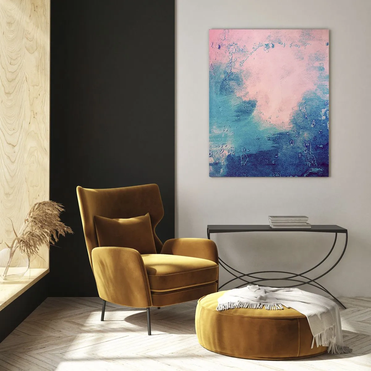 Impression sur verre - Image sur verre - Texture abstraite dans les tons de rose et de bleu - 70x100cm - Etreintes bleues - Décoration murale moderne pour le salon et la chambre ARTTOR