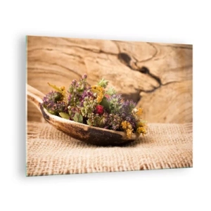 Impression sur verre - Image sur verre - Herbes séchées dans une cuillère en bois sur un fond rustique - 70x50cm - Fleurs colorées et herbes parfumées - Décoration murale moderne pour le salon et la chambre ARTTOR