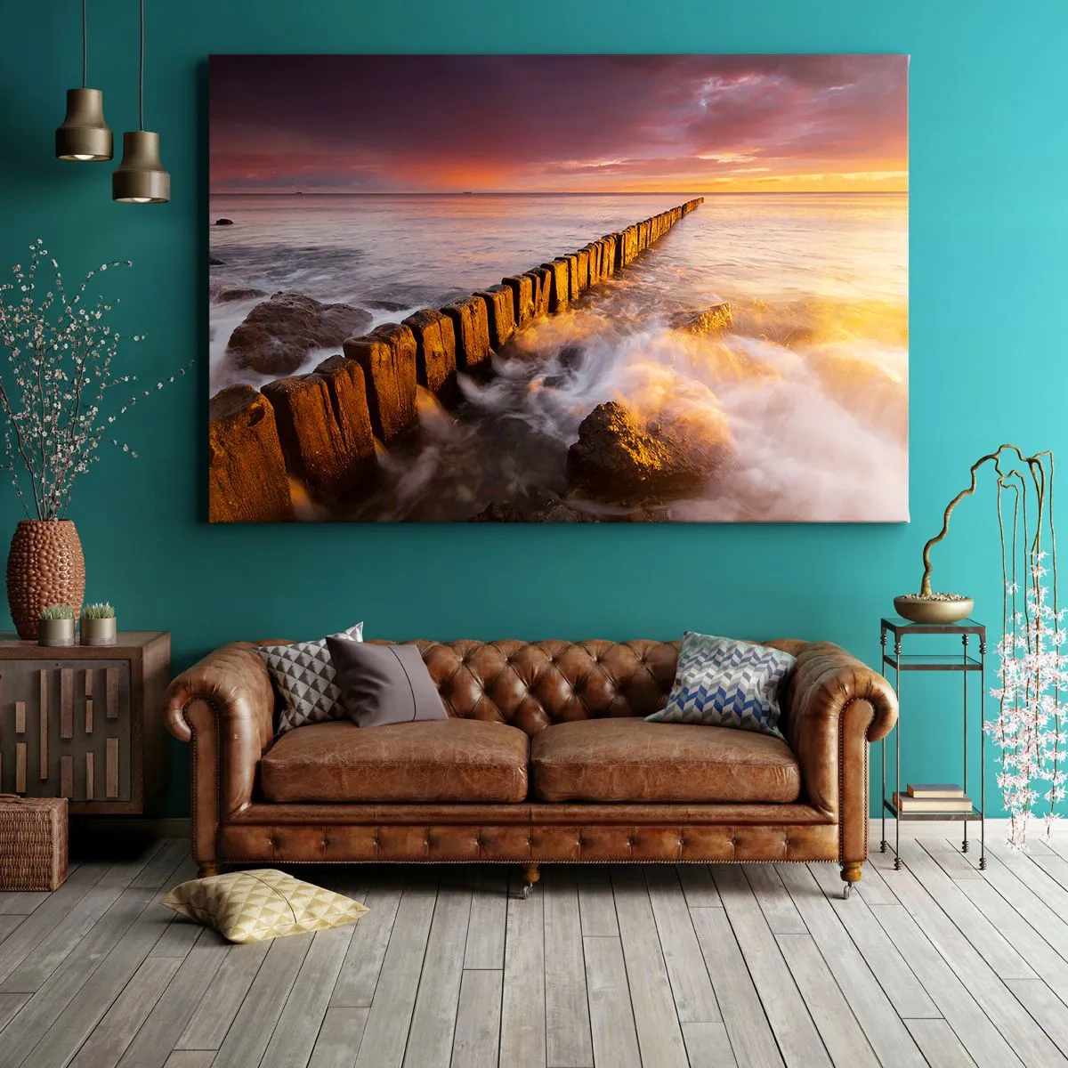 Impression sur toile - Image sur toile - Un paysage pittoresque au bord de la mer au coucher du soleil - 100x70cm - La douceur des vagues - Décoration murale moderne pour le salon et la chambre ARTTOR