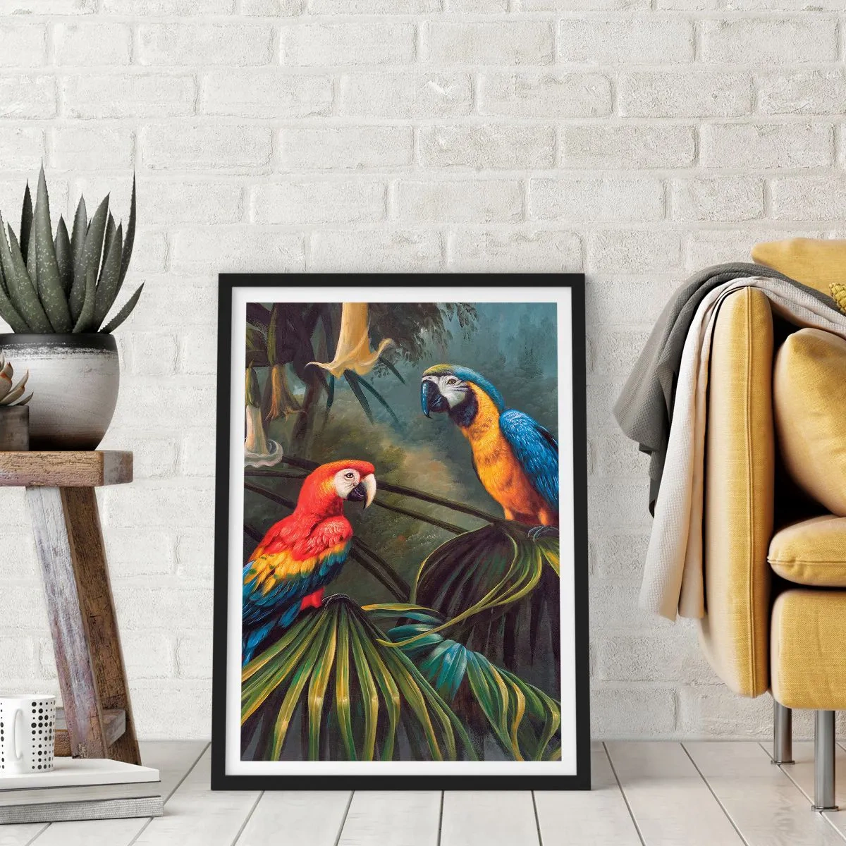 Affiche dans un cadre noir - Poster - Perroquets tropicaux entourés d'une végétation luxuriante - 50x70cm - Romantisme dans les tropiques - Décoration murale moderne pour le salon et la chambre ARTTOR