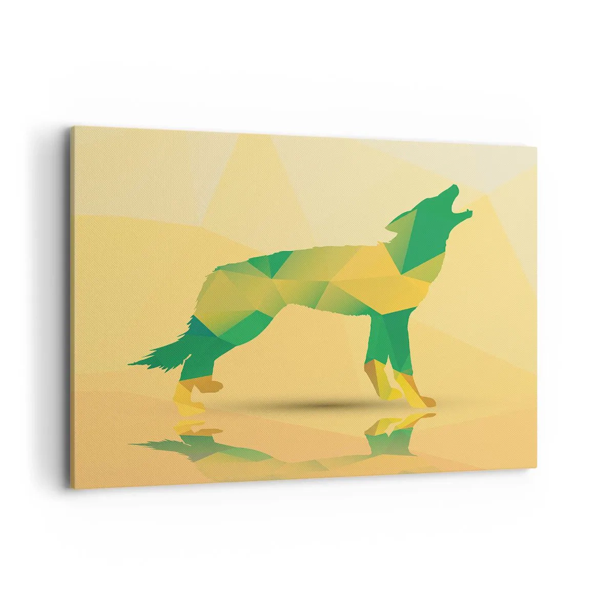 Impression sur toile - Image sur toile - Silhouette de loup géométrique dans les tons verts et jaunes - 120x80cm - Loup solitaire - Décoration murale moderne pour le salon et la chambre ARTTOR