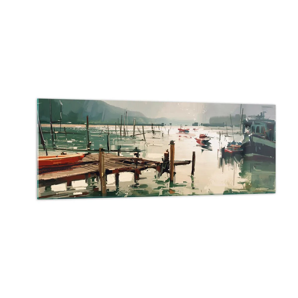 Impression sur verre - Image sur verre - Un port pittoresque avec des bateaux sur une eau calme - 140x50cm - Trempé dans une lune en fusion - Décoration murale moderne pour le salon et la chambre ARTTOR