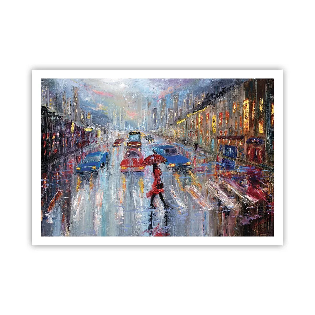 Affiche - Poster - Une femme avec un parapluie dans une rue pluvieuse à la lumière du néon. - 100x70cm - Après-midi pluvieux en ville - Décoration murale moderne pour le salon et la chambre ARTTOR