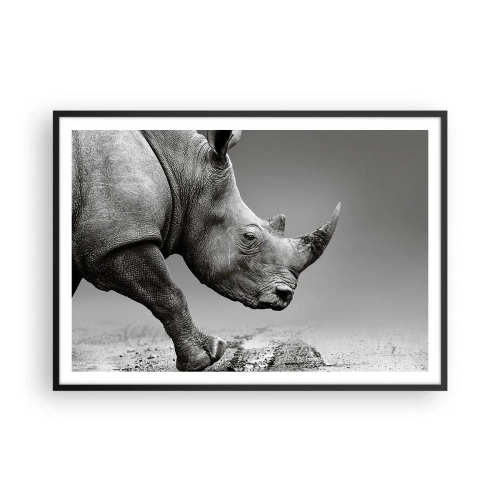 Affiche dans un cadre noir - Poster - Portrait d'un rhinocéros sur fond de désert gris - 100x70cm - Force inarrêtable - Décoration murale moderne pour le salon et la chambre ARTTOR