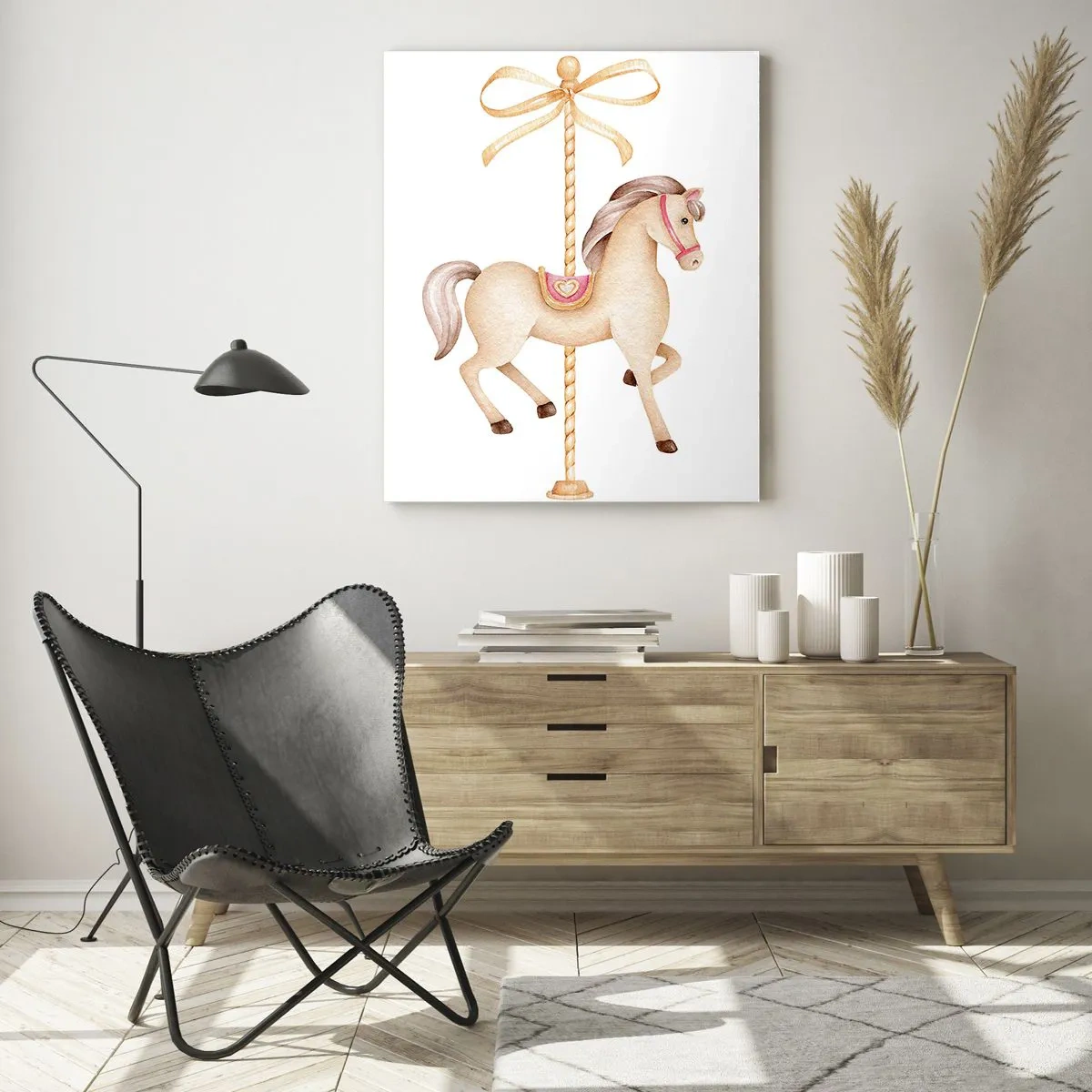 Impression sur verre - Image sur verre - Un cheval de carrousel avec un arc dans des pastels délicats - 70x100cm - Un trot gracieux - Décoration murale moderne pour le salon et la chambre ARTTOR