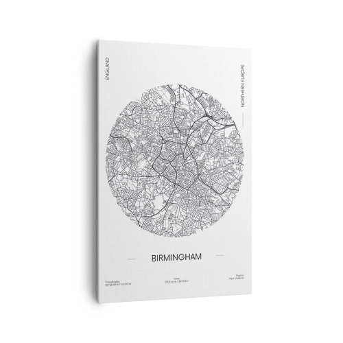 Impression sur toile - Image sur toile - Une carte minimaliste en noir et blanc de Birmingham avec des détails précis. - 80x120cm - Anatomie de Birmingham - Décoration murale moderne pour le salon et la chambre ARTTOR