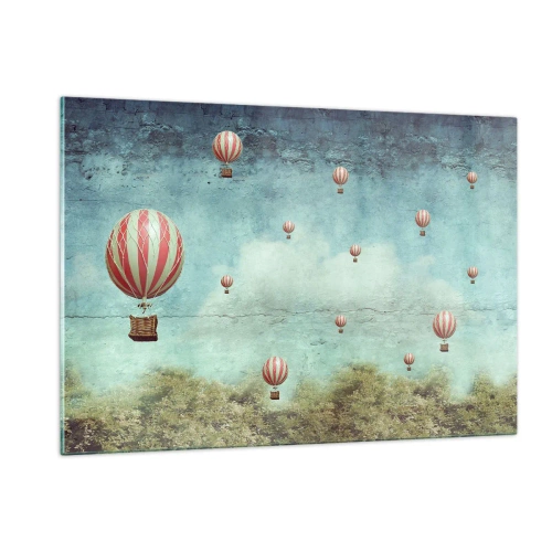 Impression sur verre - Image sur verre - Des ballons flottant au-dessus d'un paysage verdoyant - 120x80cm - Libre de l'agitation de la vie - Décoration murale moderne pour le salon et la chambre ARTTOR