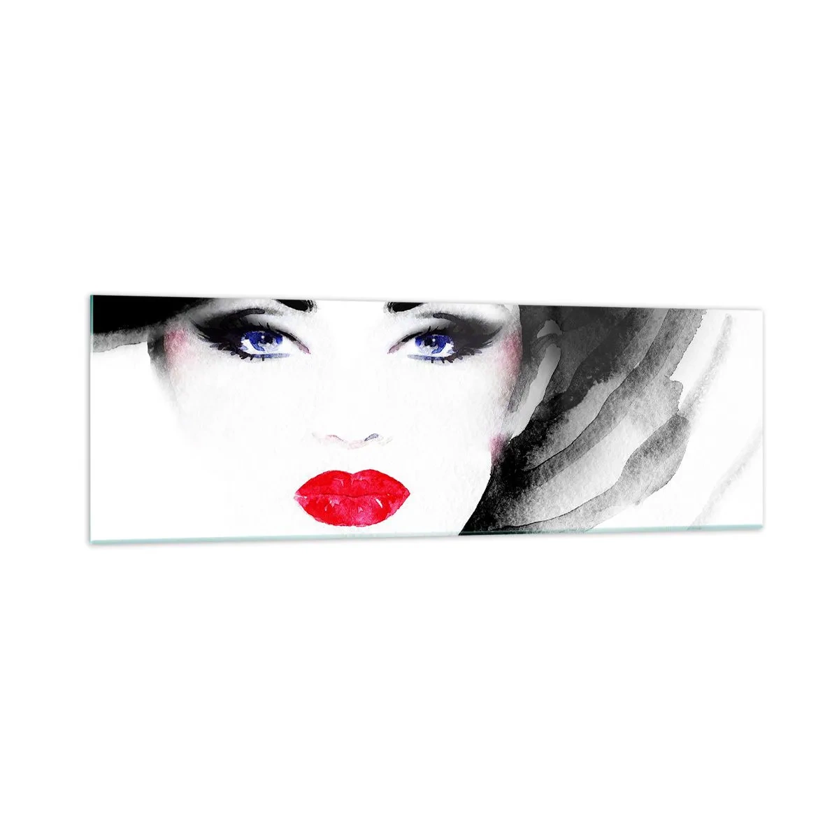 Impression sur verre - Image sur verre - Portrait d'une femme aux lèvres rouges et aux yeux bleus intenses - 160x50cm - Elle repousse et attire - Décoration murale moderne pour le salon et la chambre ARTTOR