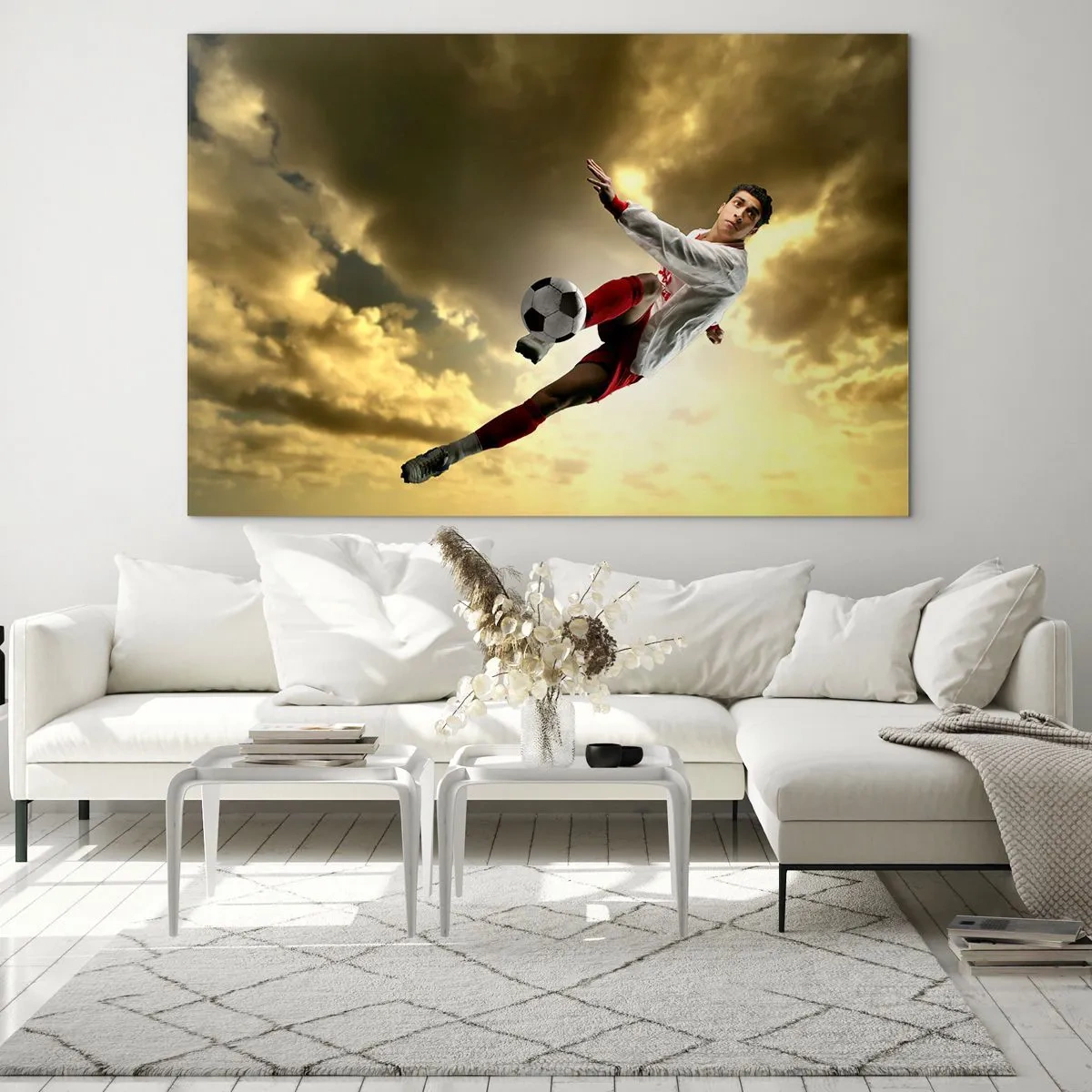 Impression sur verre - Image sur verre - Un joueur de football en action contre un ciel doré - 70x50cm - Le paradis du football - Décoration murale moderne pour le salon et la chambre ARTTOR