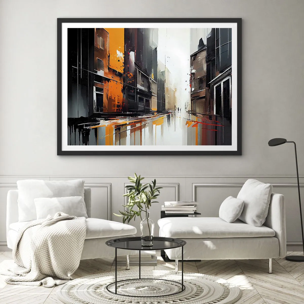 Affiche dans un cadre noir - Poster - Vue abstraite d'une rue de la ville sous la pluie - 70x50cm - Jour de pluie - Décoration murale moderne pour le salon et la chambre ARTTOR