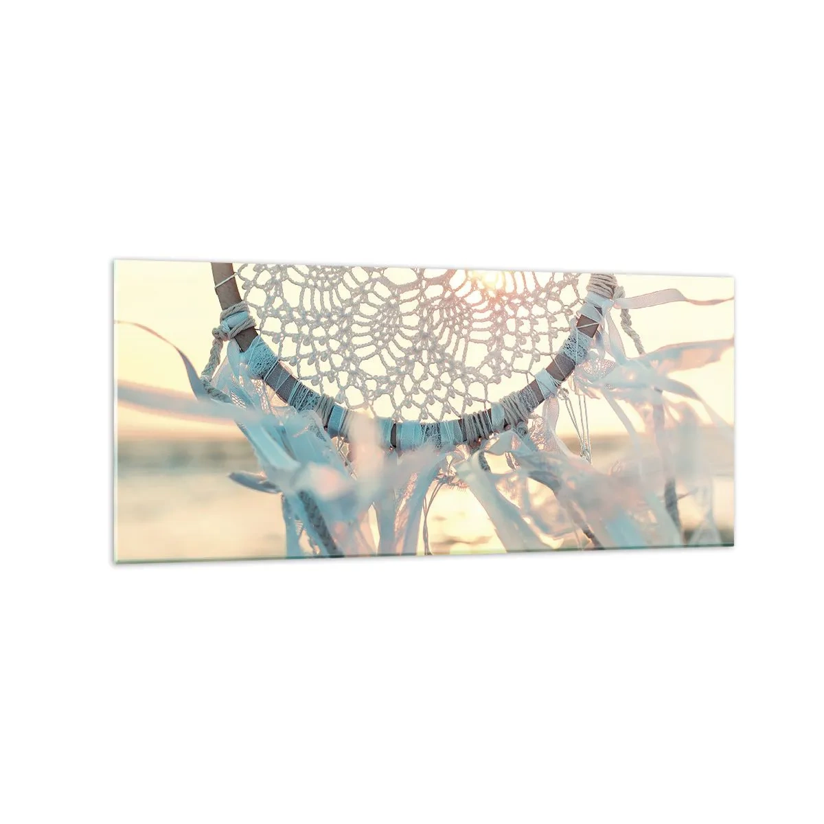 Impression sur verre - Image sur verre - Un attrape-rêves délicat sur fond de soleil couchant - 120x50cm - Totem en dentelle - Décoration murale moderne pour le salon et la chambre ARTTOR
