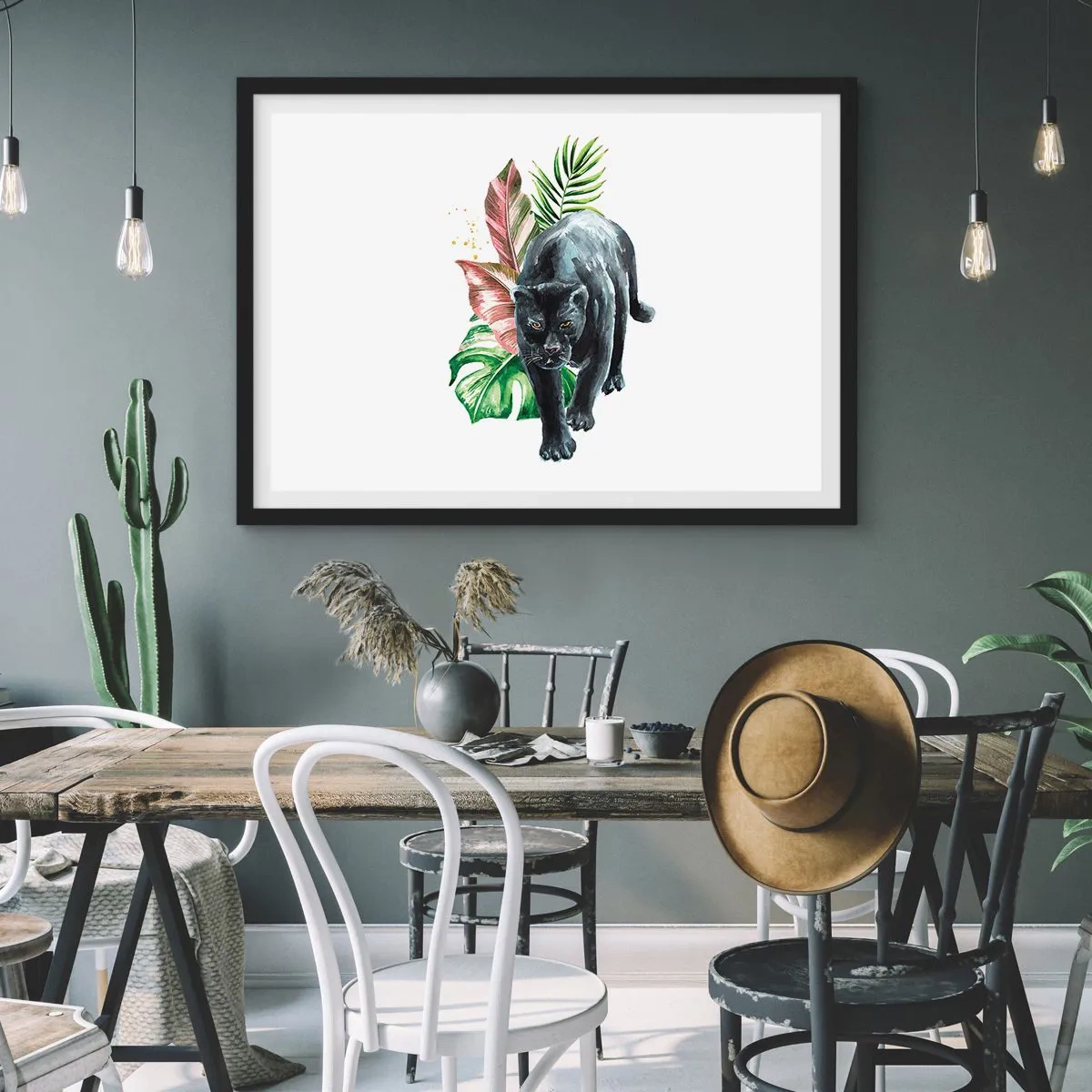 Affiche dans un cadre noir - Poster - Panthère noire entourée de feuilles tropicales - 100x70cm - Sauvagerie du coeur - Décoration murale moderne pour le salon et la chambre ARTTOR