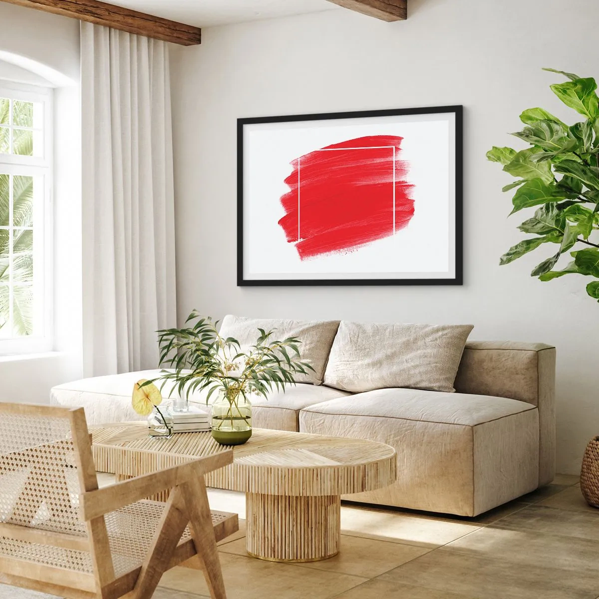 Affiche dans un cadre noir - Poster - Coup de pinceau rouge avec bordure blanche - 70x50cm - En dehors du cadre - Décoration murale moderne pour le salon et la chambre ARTTOR