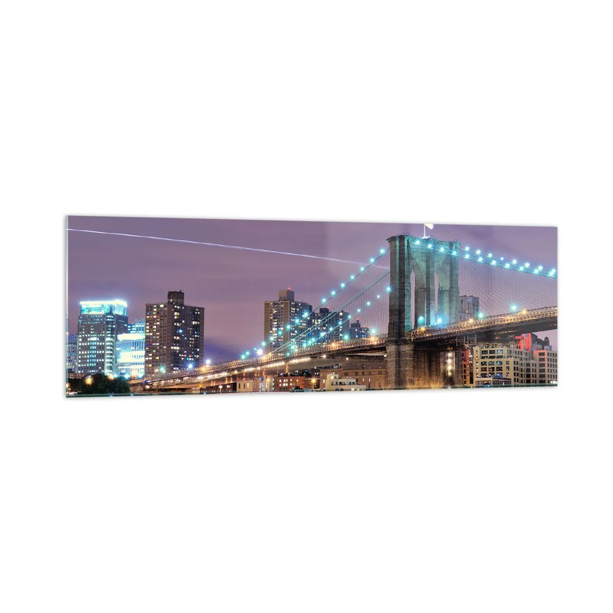 Impression sur verre - Image sur verre - Le pont de Brooklyn la nuit avec la ville illuminée en arrière-plan - 160x50cm - Depuis de nombreuses années le pont de Brooklyn - Décoration murale moderne pour le salon et la chambre ARTTOR