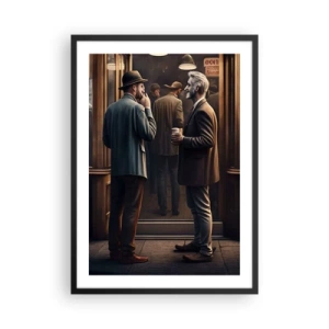 Affiche dans un cadre noir - Poster - Deux hommes élégants discutent devant un café - 50x70cm - Bon moment de la journée - Décoration murale moderne pour le salon et la chambre ARTTOR