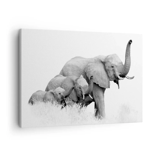Impression sur toile - Image sur toile - Une famille d'éléphants sur fond de paysage africain en noir et blanc. - 70x50cm - Un, deux, trois - Décoration murale moderne pour le salon et la chambre ARTTOR