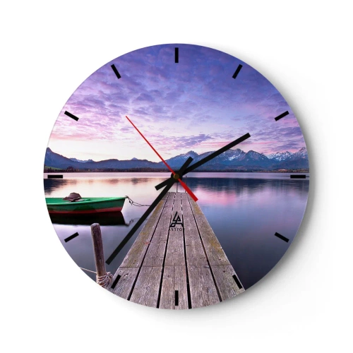 Horloge murale - Pendule murale - Une jetée sur un lac avec un bateau contre un paysage de montagne au coucher du soleil - 30x30cm - Silence amical - Décoration murale moderne pour le salon, la cuisine et la chambre ARTTOR