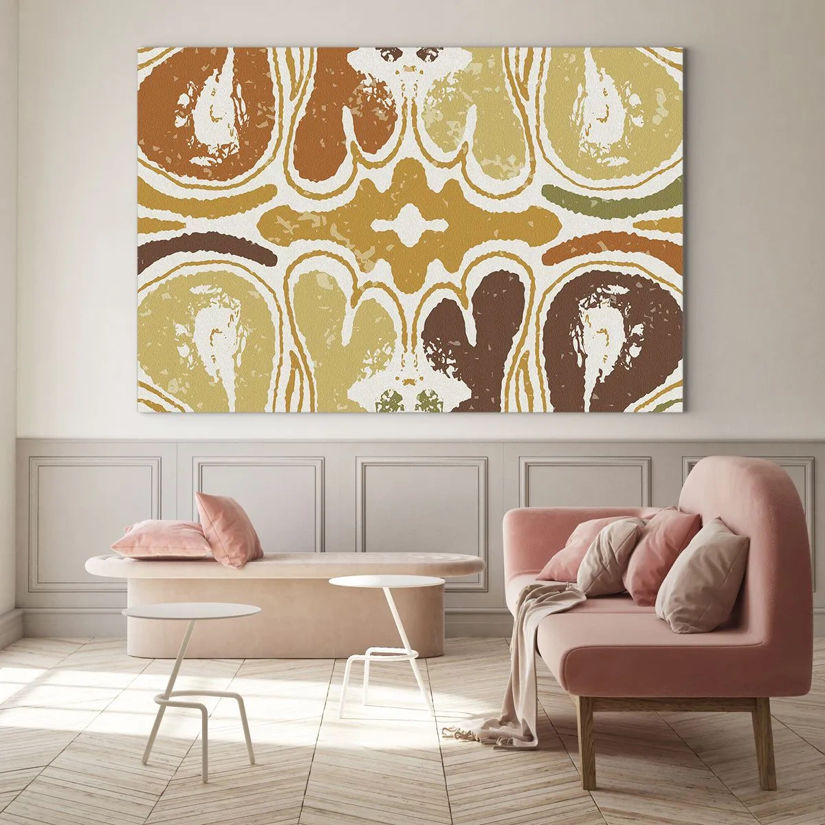 Impression sur verre - Image sur verre - Abstraction symétrique dans des tons terreux et chauds - 70x50cm - Abstraction sentimentale - Décoration murale moderne pour le salon et la chambre ARTTOR