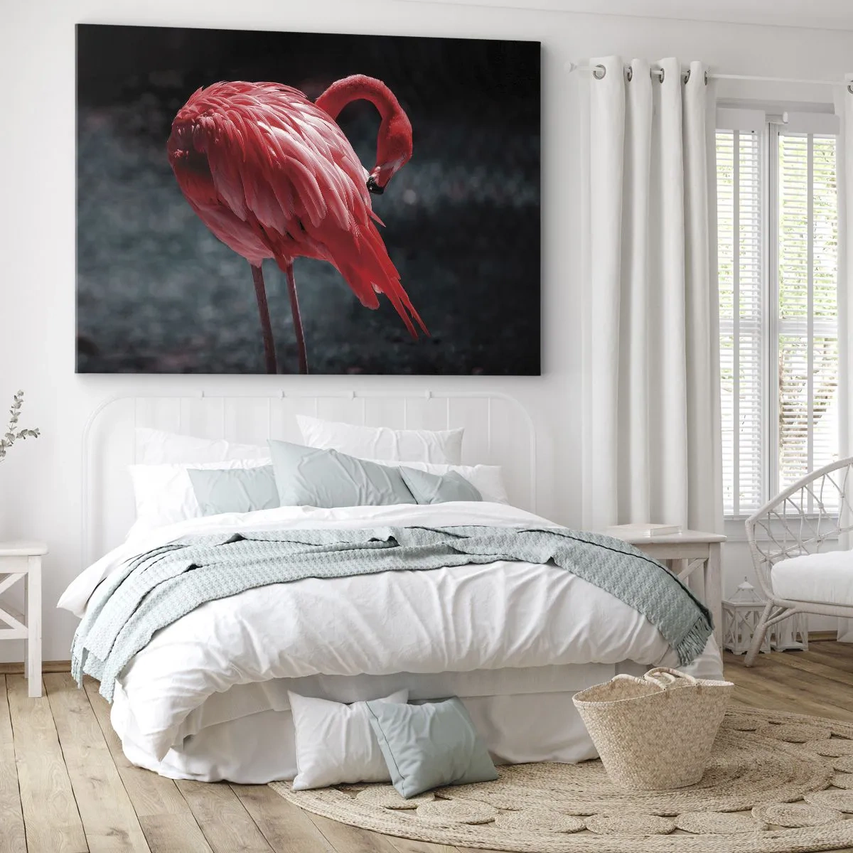 Impression sur toile - Image sur toile - Un flamant rose sur fond vert foncé - 120x80cm - Poème cramoisi de la nature - Décoration murale moderne pour le salon et la chambre ARTTOR