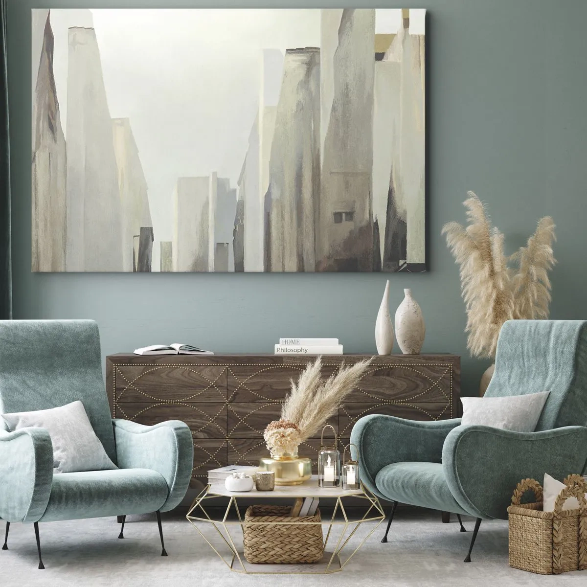 Impression sur toile - Image sur toile - Paysage urbain abstrait aux tons pastel - 100x70cm - Rêve de la ville - Décoration murale moderne pour le salon et la chambre ARTTOR