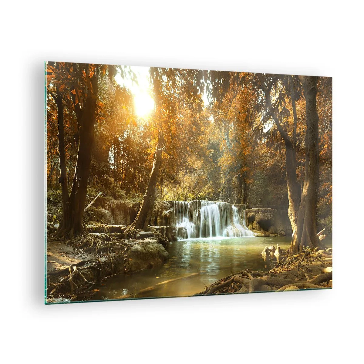 Impression sur verre - Image sur verre - Une cascade dans un parc entouré d'arbres aux couleurs d'automne - 70x50cm - Cascade du parc - Décoration murale moderne pour le salon et la chambre ARTTOR