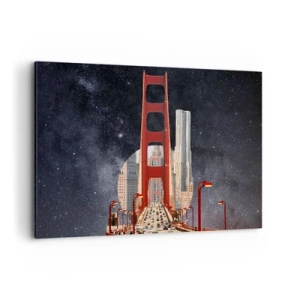 Impression sur toile - Image sur toile - Le Golden Gate Bridge avec la ville en arrière-plan contre un ciel étoilé - 120x80cm - Toujours au centre - Décoration murale moderne pour le salon et la chambre ARTTOR