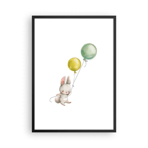 Affiche dans un cadre noir - Poster - Un lapin tenant deux ballons verts et jaunes. - 50x70cm - Moi aussi je vole! - Décoration murale moderne pour le salon et la chambre ARTTOR