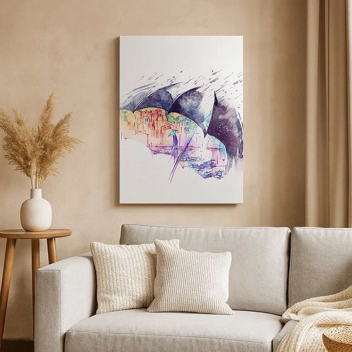 Impression sur toile - Image sur toile - Une ville colorée cachée sous des parapluies abstraits - 50x70cm - Se promener sous la pluie - Décoration murale moderne pour le salon et la chambre ARTTOR