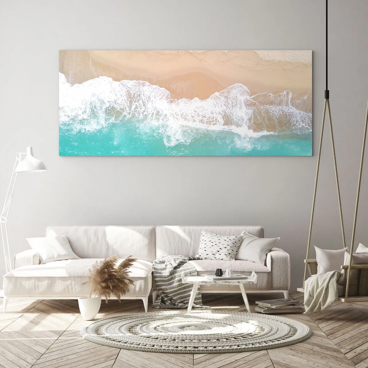 Impression sur verre - Image sur verre - Vue plongeante sur une plage aux eaux turquoise et aux vagues douces - 140x50cm - Caresse de l'océan - Décoration murale moderne pour le salon et la chambre ARTTOR