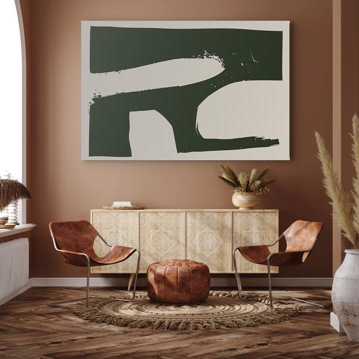 Impression sur toile - Image sur toile - Abstrait minimaliste en vert sur fond clair - 120x80cm - Baies blanches - Décoration murale moderne pour le salon et la chambre ARTTOR