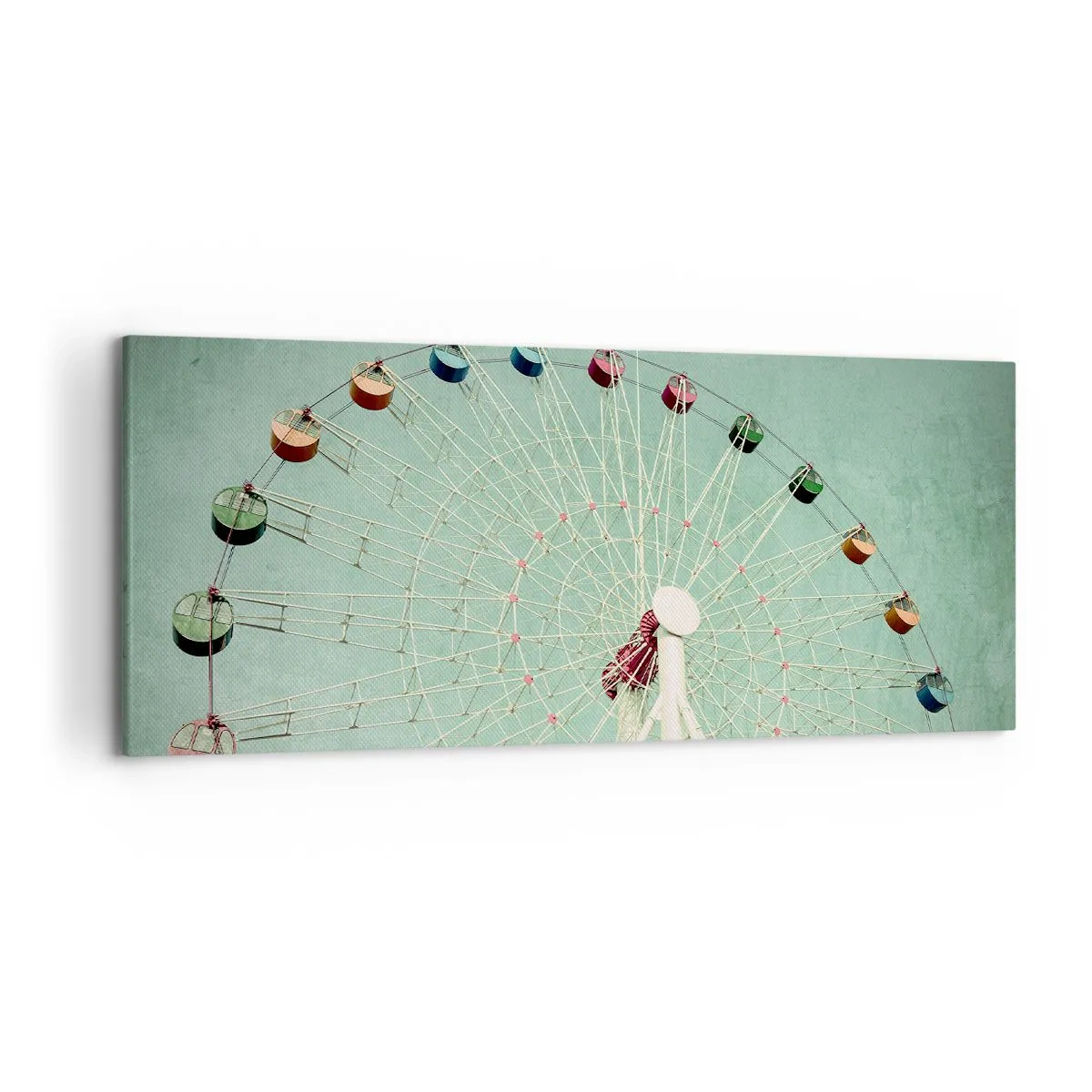 Impression sur toile - Image sur toile - Une grande roue colorée contre un ciel bleu dans un style rétro - 120x50cm - Nous vous invitons à vous amuser - Décoration murale moderne pour le salon et la chambre ARTTOR