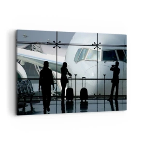 Impression sur toile - Image sur toile - Aéroport avec des silhouettes de personnes et une vue de l'avion - 120x80cm - Vis-à-vis de l'aéroport - Décoration murale moderne pour le salon et la chambre ARTTOR