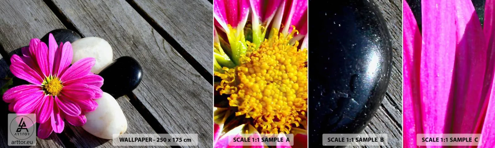 Échantillon De Papier Peint Standard Eco - Repos sur la jetée - Fleur, Des pierres, Pont de bois - 100x30 cm