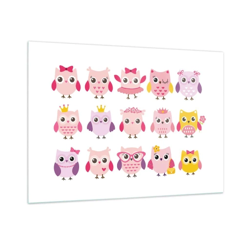 Impression sur verre - Image sur verre - Hiboux colorés aux motifs variés sur fond blanc - 100x70cm - L'un est plus doux que l'autre - Décoration murale moderne pour le salon et la chambre ARTTOR