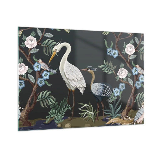 Impression sur verre - Image sur verre - Oiseaux colorés parmi des branches fleuries sur un fond sombre - 100x70cm - Parade d'oiseaux - Décoration murale moderne pour le salon et la chambre ARTTOR