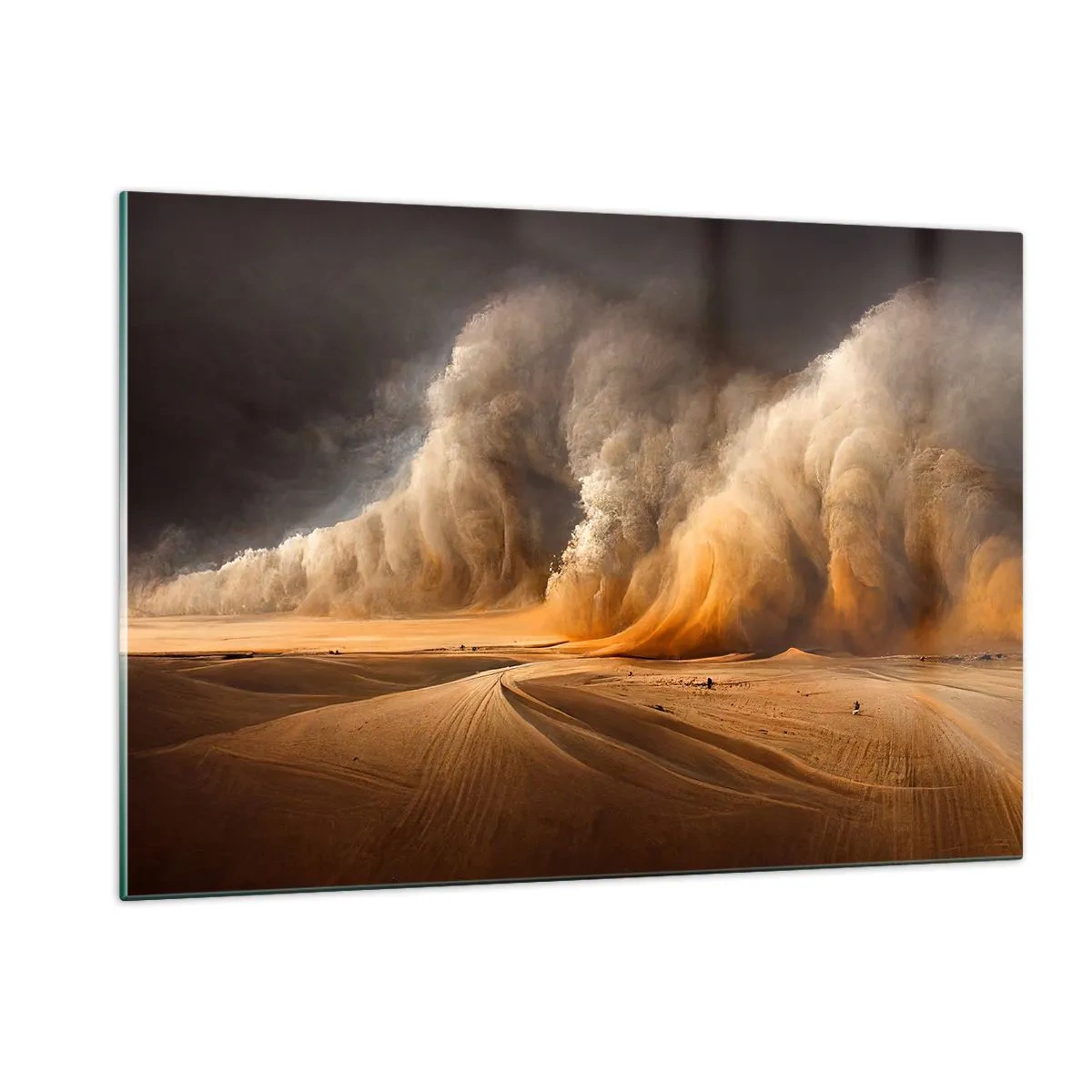 Impression sur verre - Image sur verre - Une tempête de sable sur le désert sous une lumière dramatique - 120x80cm - La colère du désert - Décoration murale moderne pour le salon et la chambre ARTTOR