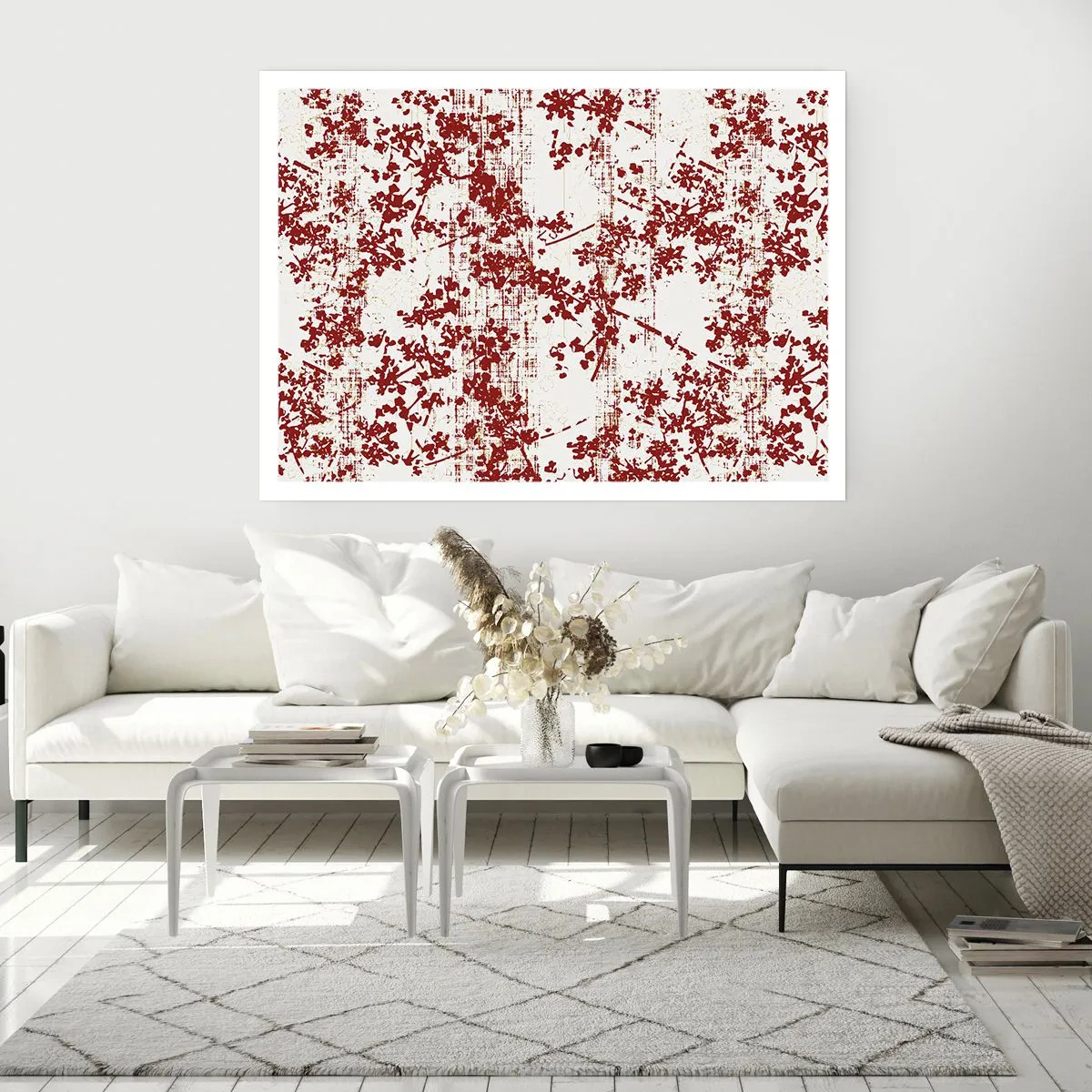 Affiche - Poster - Fleurs rouges sur fond blanc dans un style artistique - 100x70cm - Comme un calicot ancien - Décoration murale moderne pour le salon et la chambre ARTTOR