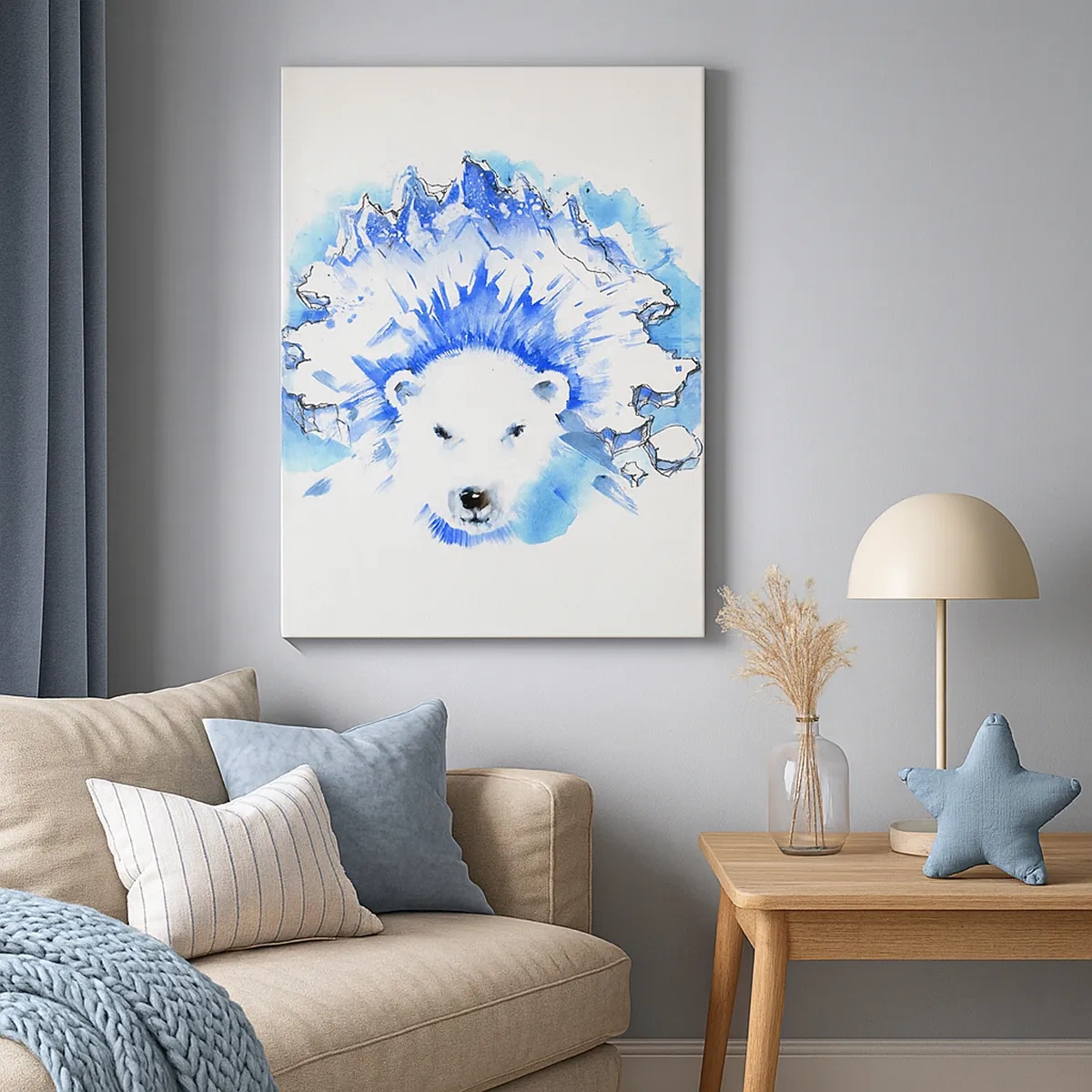 Impression sur toile - Image sur toile - Aquarelle artistique représentant un ours polaire avec un motif glacé - 50x70cm - Le roi de l'Arctique dans une couronne de glace - Décoration murale moderne pour le salon et la chambre ARTTOR