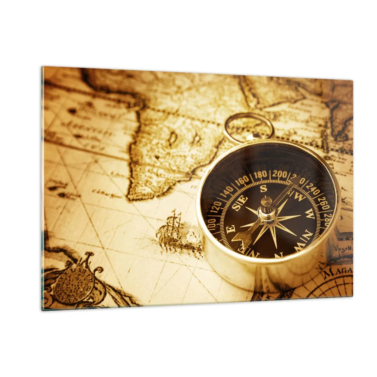Impression sur verre - Image sur verre - Une boussole dorée sur un vieux fond de carte - 120x80cm - Est ou ouest? - Décoration murale moderne pour le salon et la chambre ARTTOR