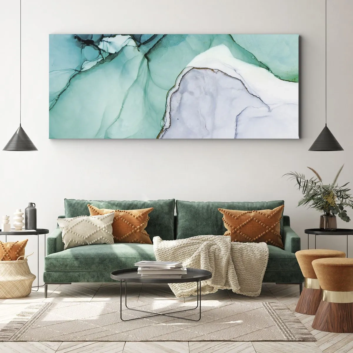 Impression sur toile - Image sur toile - Motif abstrait dans les tons turquoise et blanc - 120x50cm - Étude de turquoise - Décoration murale moderne pour le salon et la chambre ARTTOR