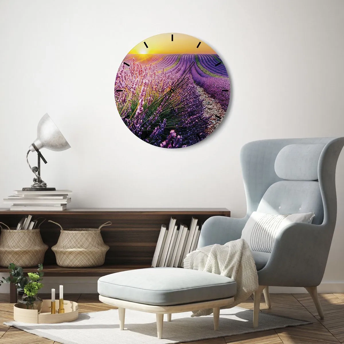 Horloge murale - Pendule murale - Champ de lavande au coucher du soleil avec un chemin rocheux - 30x30cm - Tige parfumée - Décoration murale moderne pour le salon, la cuisine et la chambre ARTTOR