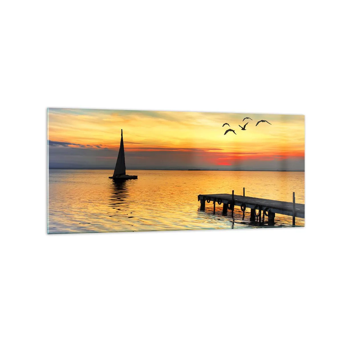 Impression sur verre - Image sur verre - Coucher de soleil avec un voilier et une jetée sur un lac calme - 120x50cm - Le soir revient - Décoration murale moderne pour le salon et la chambre ARTTOR