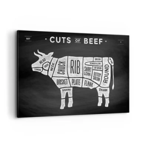Impression sur toile - Image sur toile - Diagramme des coupes de bœuf sur fond noir - 120x80cm - L'art de la découpe - Décoration murale moderne pour le salon et la chambre ARTTOR
