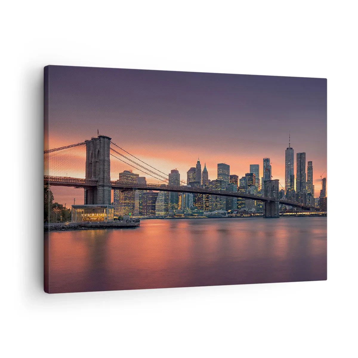 Impression sur toile - Image sur toile - Panorama nocturne de la ville avec un pont et un ciel illuminé - 70x50cm - Immergé dans le silence lilas - Décoration murale moderne pour le salon et la chambre ARTTOR