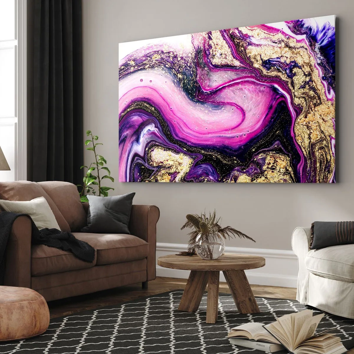 Impression sur toile - Image sur toile - Vagues abstraites dans des tons violets et dorés - 70x50cm - Un instant dans les coulisses - Décoration murale moderne pour le salon et la chambre ARTTOR
