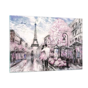 Impression sur verre - Image sur verre - Couple romantique à Paris avec la Tour Eiffel en arrière-plan - 120x80cm - Comment tomber amoureu, il faut juste... - Décoration murale moderne pour le salon et la chambre ARTTOR