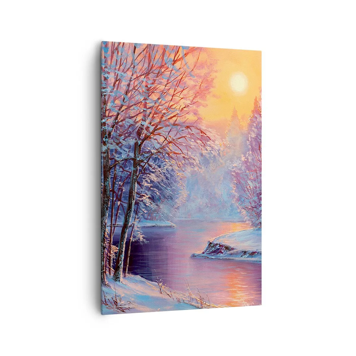 Impression sur toile - Image sur toile - Paysage d'hiver avec rivière et arbres au lever du soleil - 80x120cm - Couleurs d'hiver - Décoration murale moderne pour le salon et la chambre ARTTOR